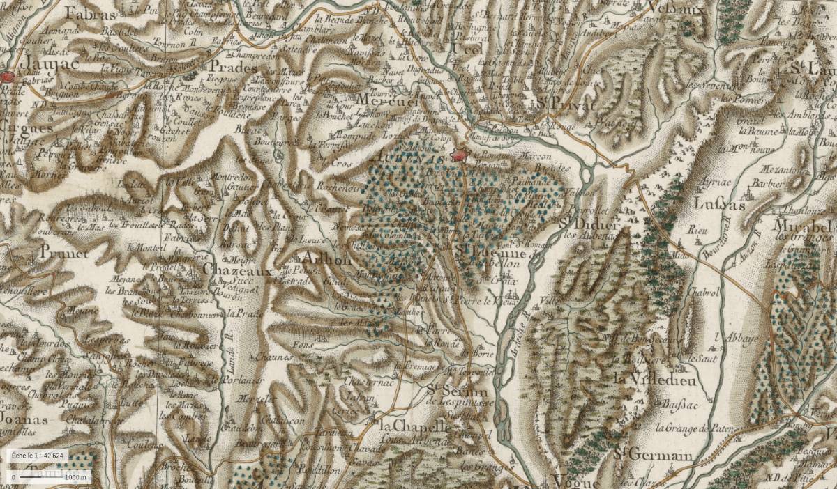 Cassini map centred on Aubenas in Ardèche