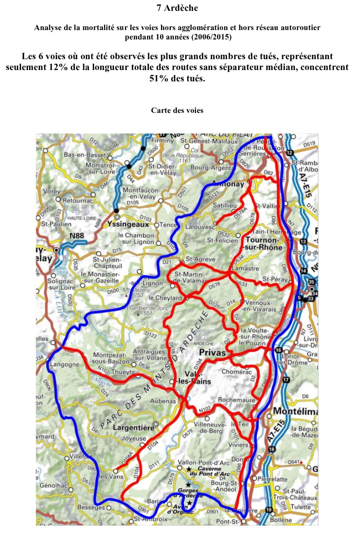 Carte des principales routes avec accidents de la route en Ardèche
