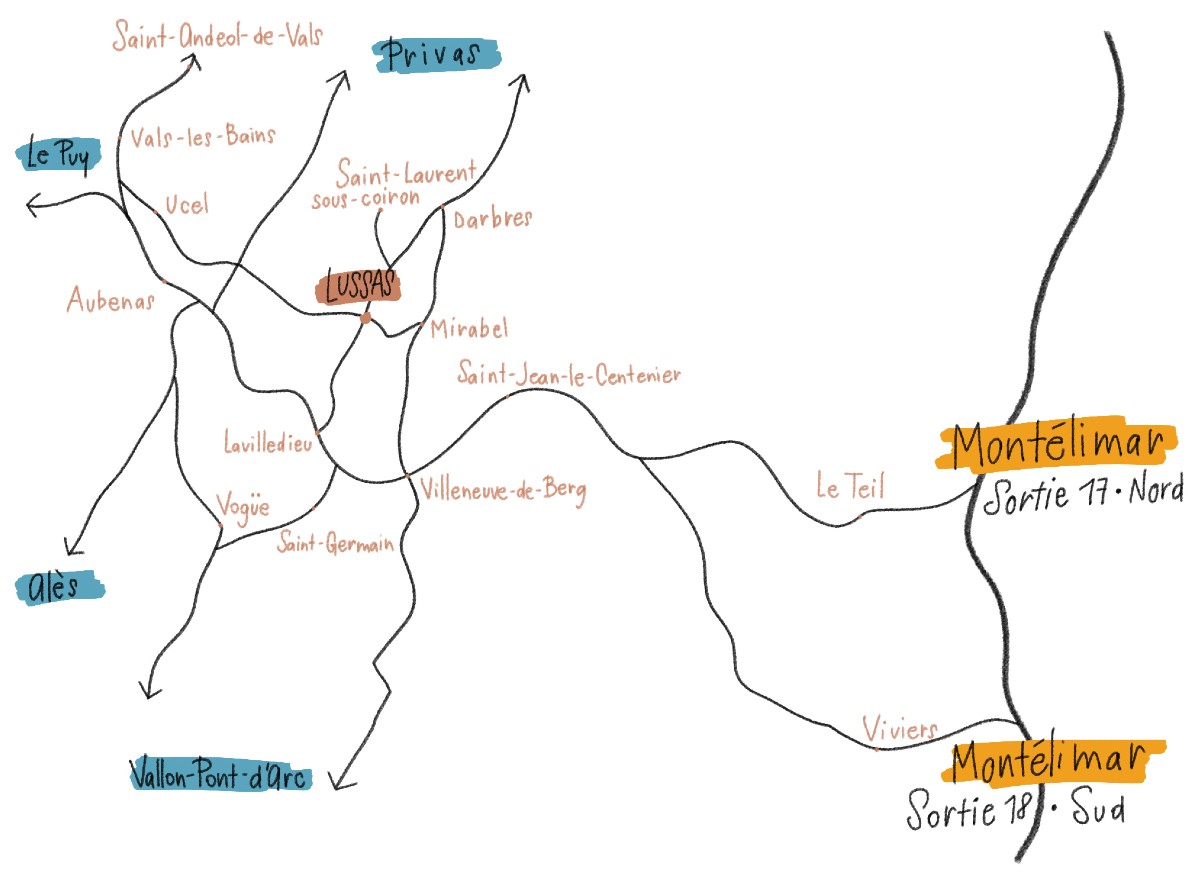 Plan d'accès à Lussas en Ardèche en dessin depuis Privas, Alès, Le Puy, Montélimar