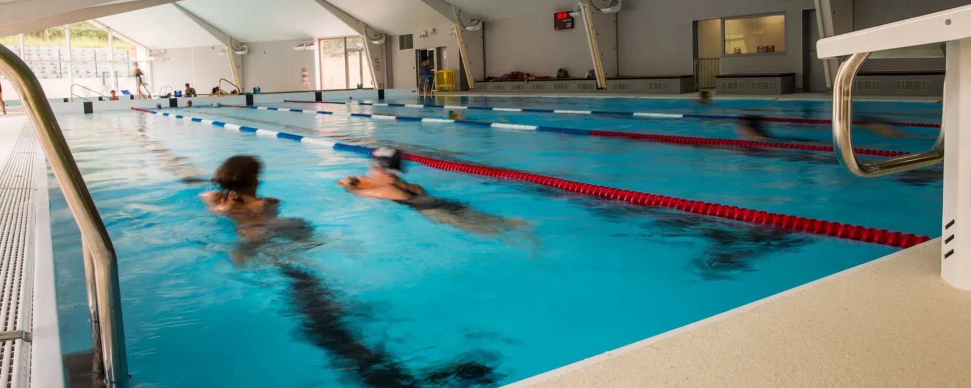 View of the main pool at the indoor swimming pool in Aubenas, part of the Hippocampe Aquatic Centre in southern Ardèche