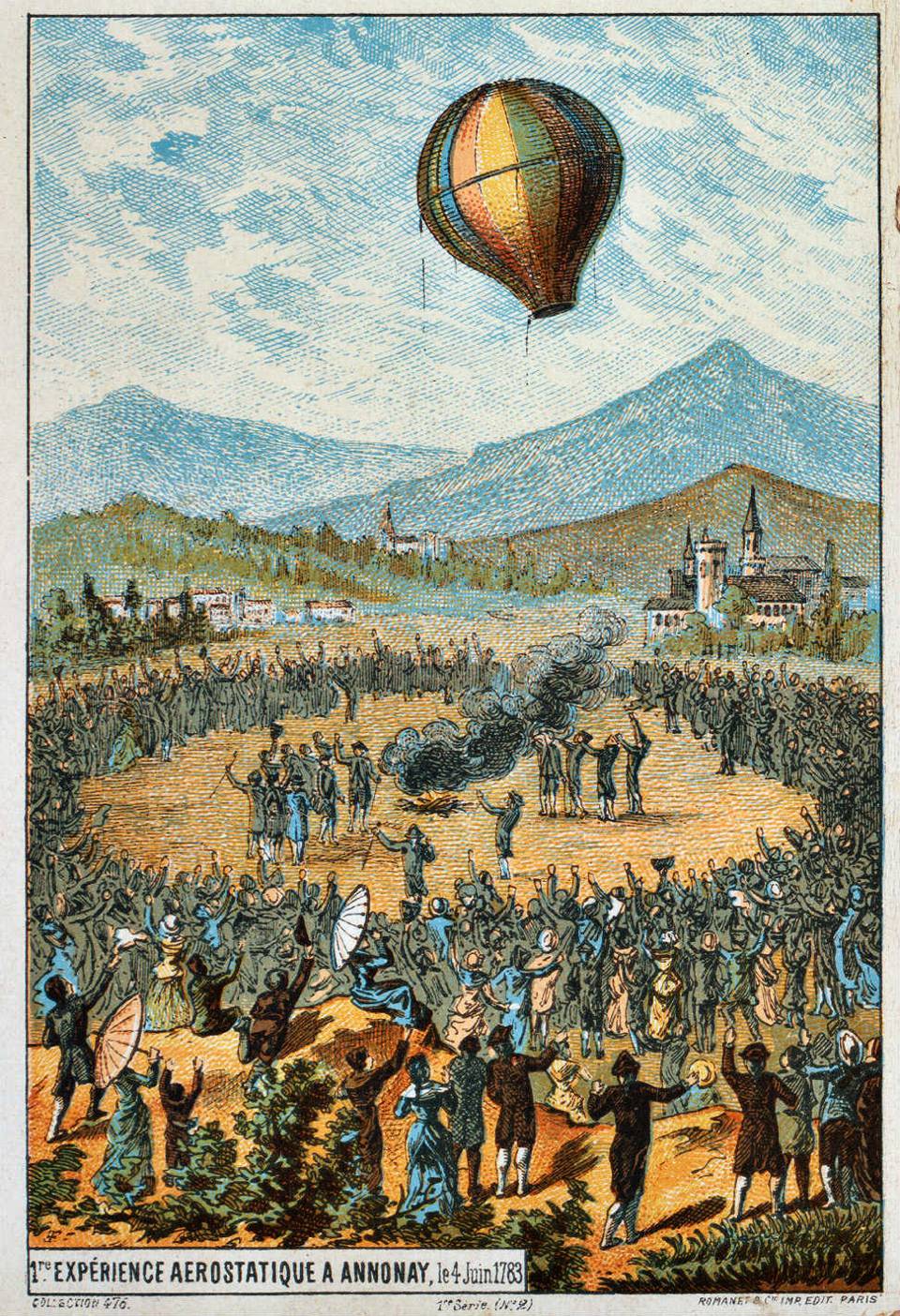 Annonay and hot air balloons on June 4, 1783 in the Ardèche region, Romanet edition