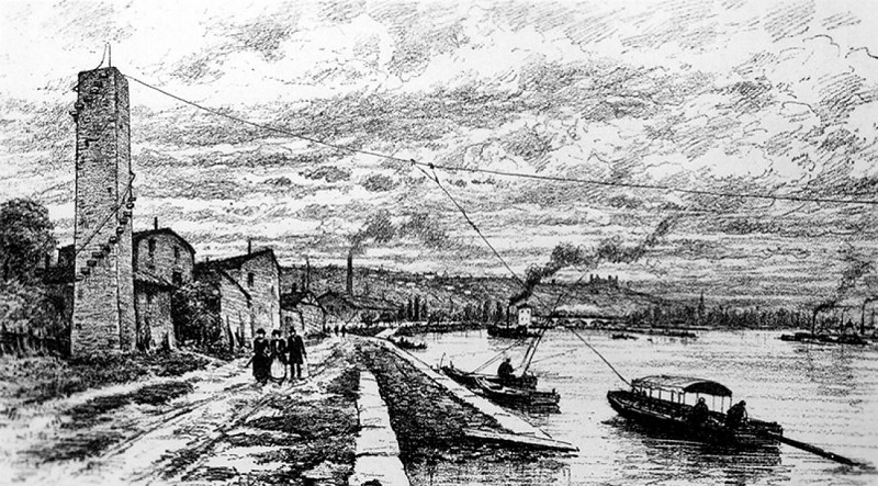 Dessin du port de Champagne avec le bac à traille sur le Rhône en Ardèche
