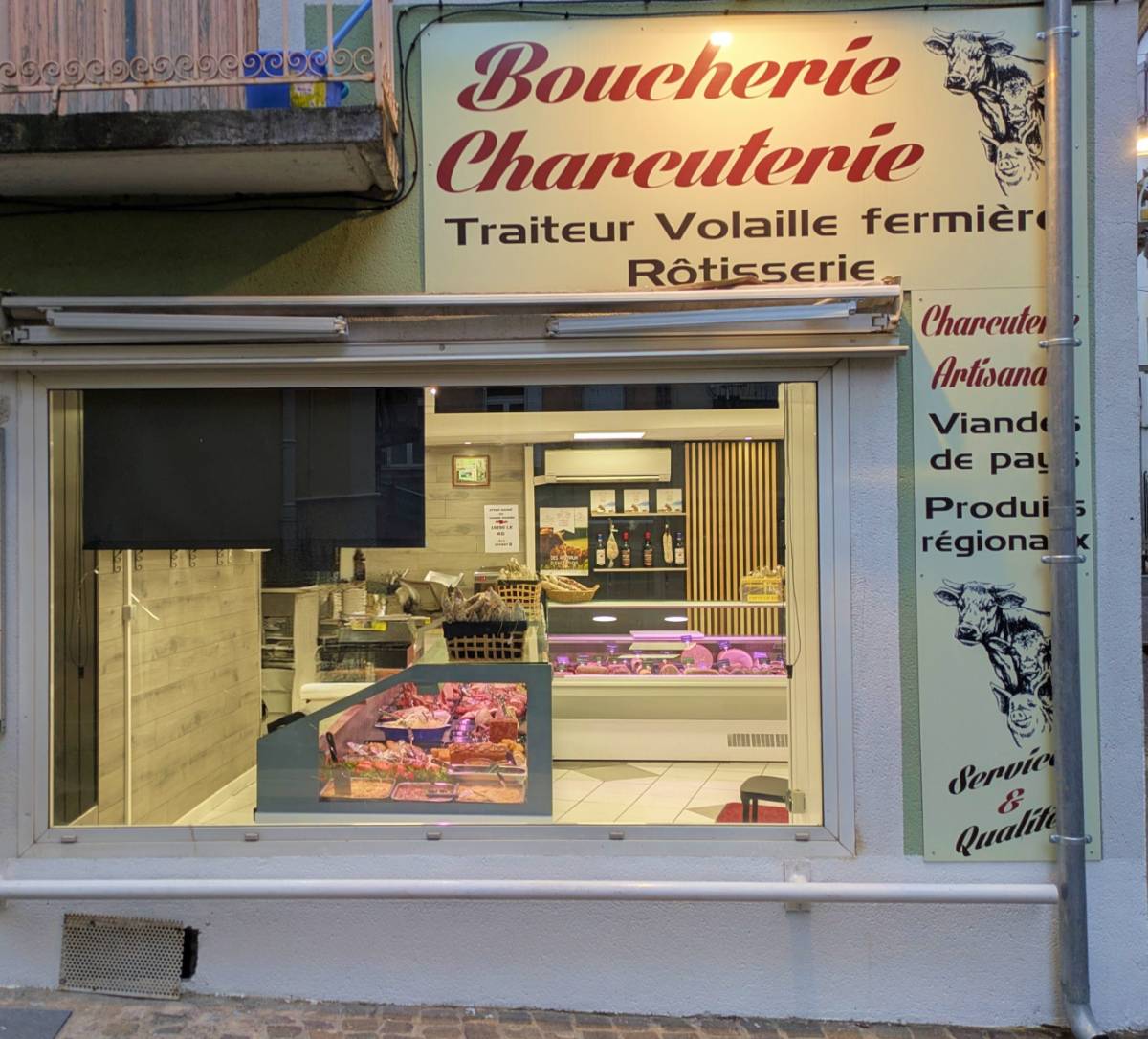 Front and window of the Vinclaire butcher's shop in Aubenas, Ardèche