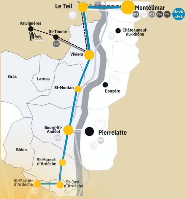 Plan du trajet en bus entre Montélimar et Saint-Martin-d'Ardèche