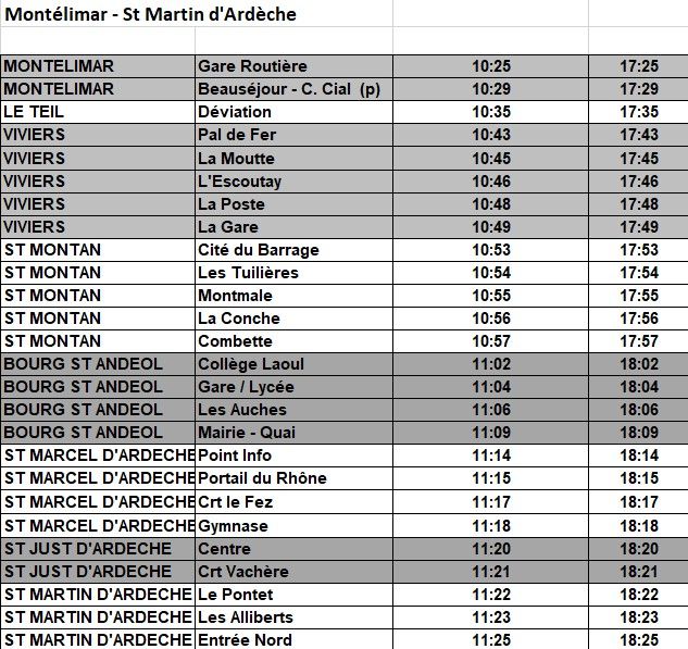 Horaires bus Montélimar Saint-Martin d'Ardèche
