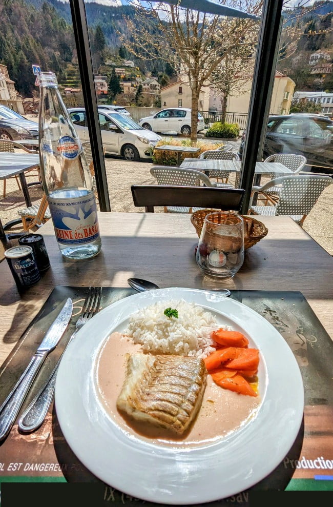 Plate de résistance (poisson, sauce, riz et légumes)