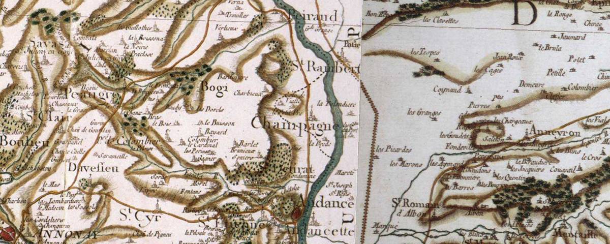 Extrait de la carte de Cassini : Champagne en Ardèche et le fleuve Rhône