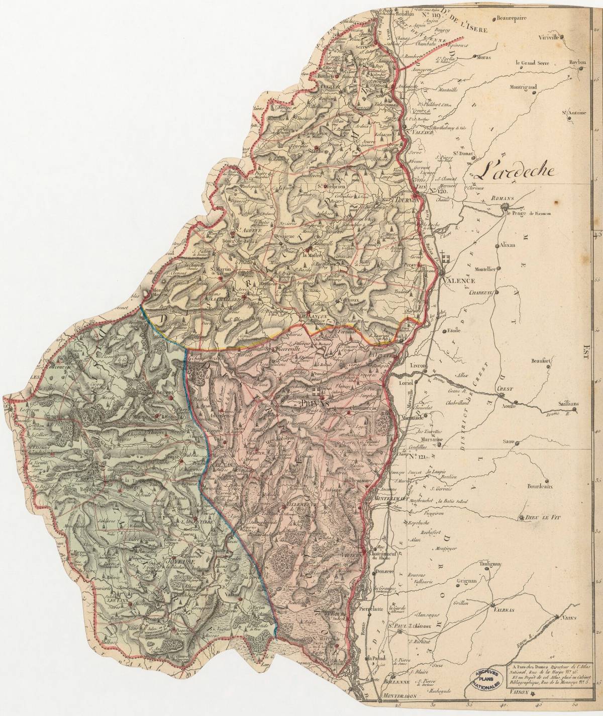 Carte du département de l'Ardèche avec les limites des districts et cantons, chefs-lieux par François d’Houdan, Pierre Dumez et Pierre-Gilles Chanlaire 