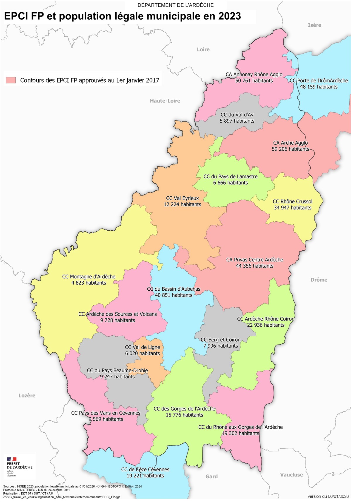 Cartes des intercommunalités en Ardèche (EPCI) et population en 2023 de la Préfecture de l'Ardèche en 2026