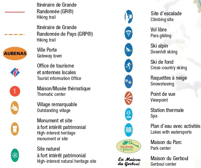 Légende de la carte du PNR des monts d'Ardèche, tourisme