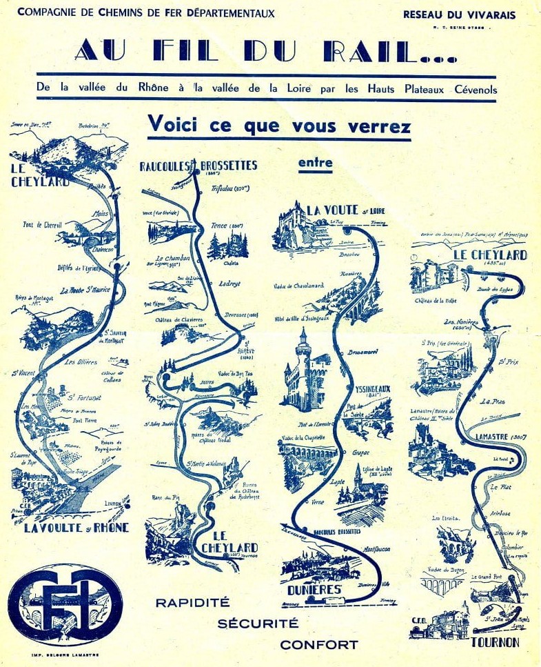 Affiche des trains en Ardèche avec la ligne du Mastrou et les trains vers la Haute-Loire du CFD réseau du Vivarais