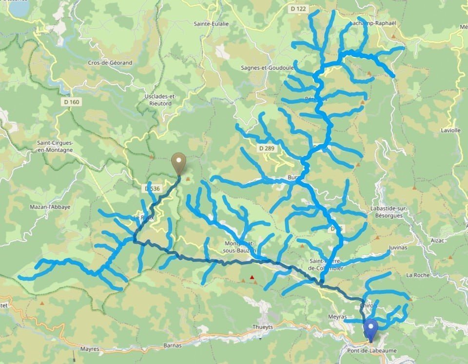 Bassin versant de la Fontaulière, affluent de l'Ardèche