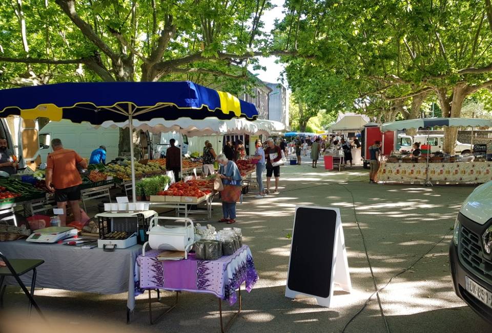 Vue sur le marché de Saint-Paul-le-Jeune en Ardèche sur la place du village à l'ombre des platanes