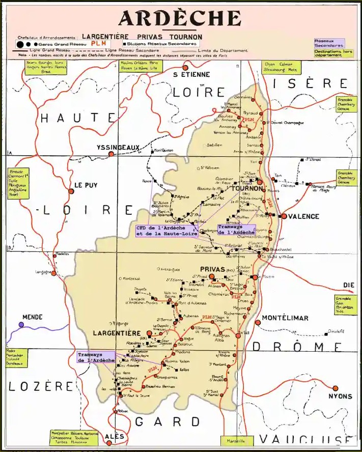 Carte du réseau ferrovaire en Ardèche, 1933