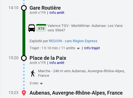 Exemple de trajet en bus du planificateur de voyage en Ardèche