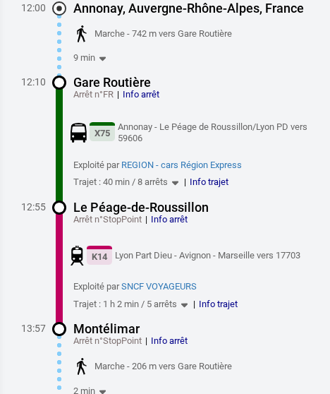 Exemple de trajet en bus du planificateur de voyage en Ardèche
