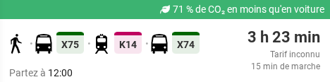 Exemple de trajet en bus et train du planificateur de voyage en Ardèche
