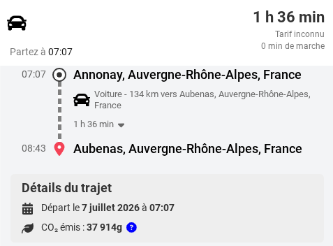 Exemple de trajet en voiture du planificateur de voyage en Ardèche