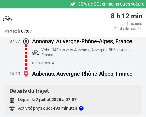 Exemple de trajet à vélo du planificateur de voyage en Ardèche