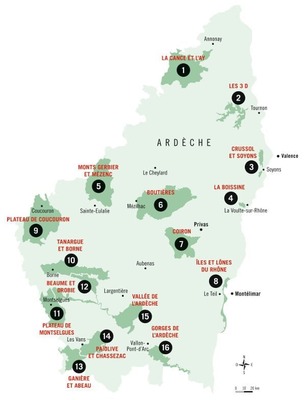 Cartes des 16 espaces naturesl sensibles en Ardèche : Nom, localisation et communes à proximité